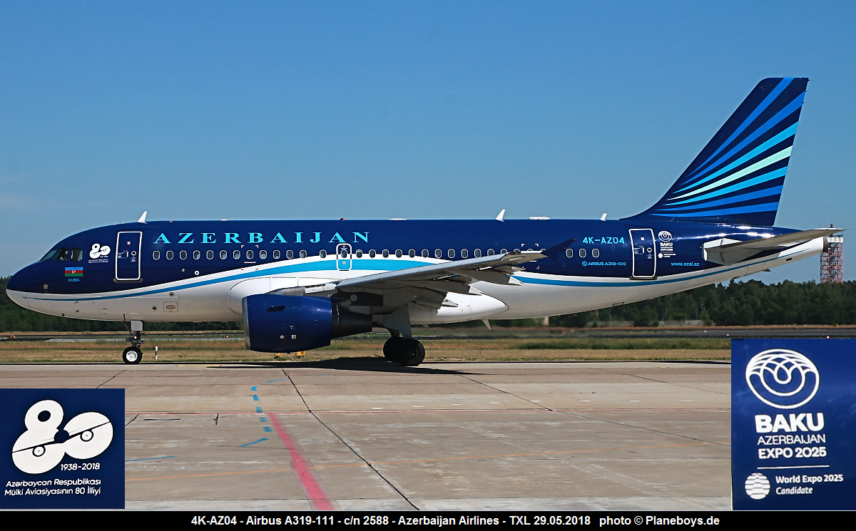 4KAZ04Airbus A3191112588Azerbaijan AirlinesEXPO 2025 80 years